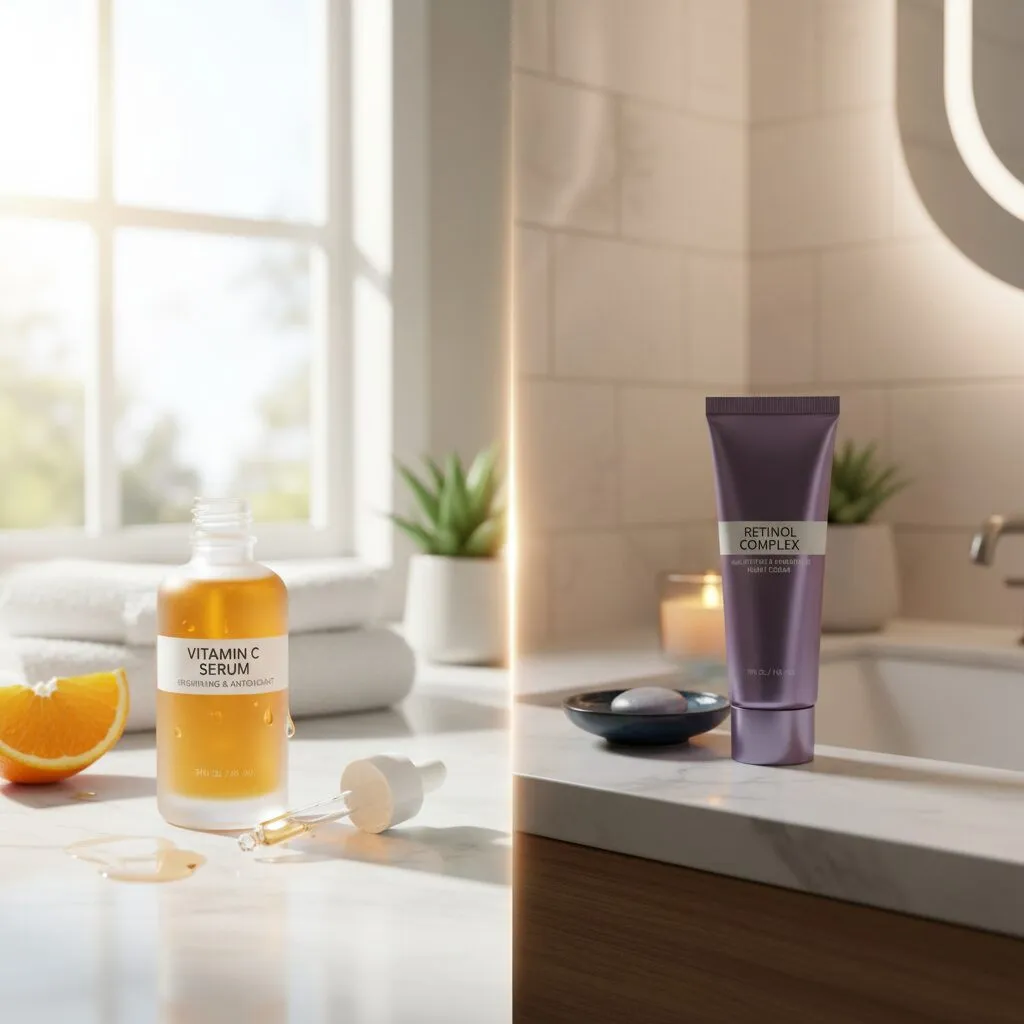 A split-screen comparison showing a bright morning scene with a Vitamin C serum bottle on the left and a calm evening scene with a tube of Retinol on the right. The background should be a clean bathroom counter.