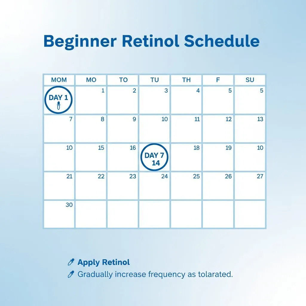 An infographic showing a calendar view marked with specific days for retinol application: Day 1, Day 7, Day 14. Alt text: A 30-day retinol application schedule for beginners.