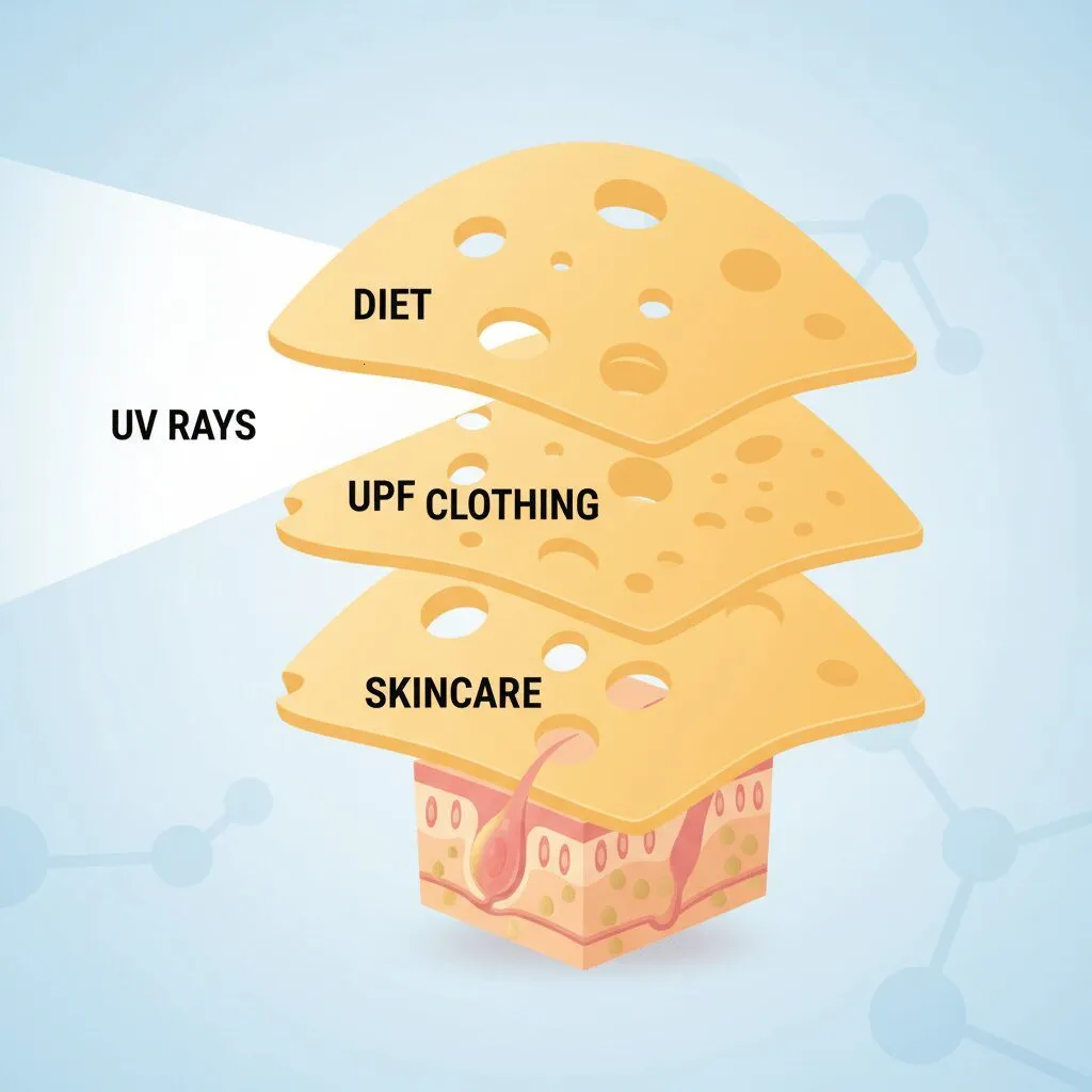A conceptual illustration showing the "Swiss Cheese" defense model. Layers of cheese slices (labeled Diet, UPF Clothing, Skincare) stacked together so the holes don't align, blocking UV rays effectively.