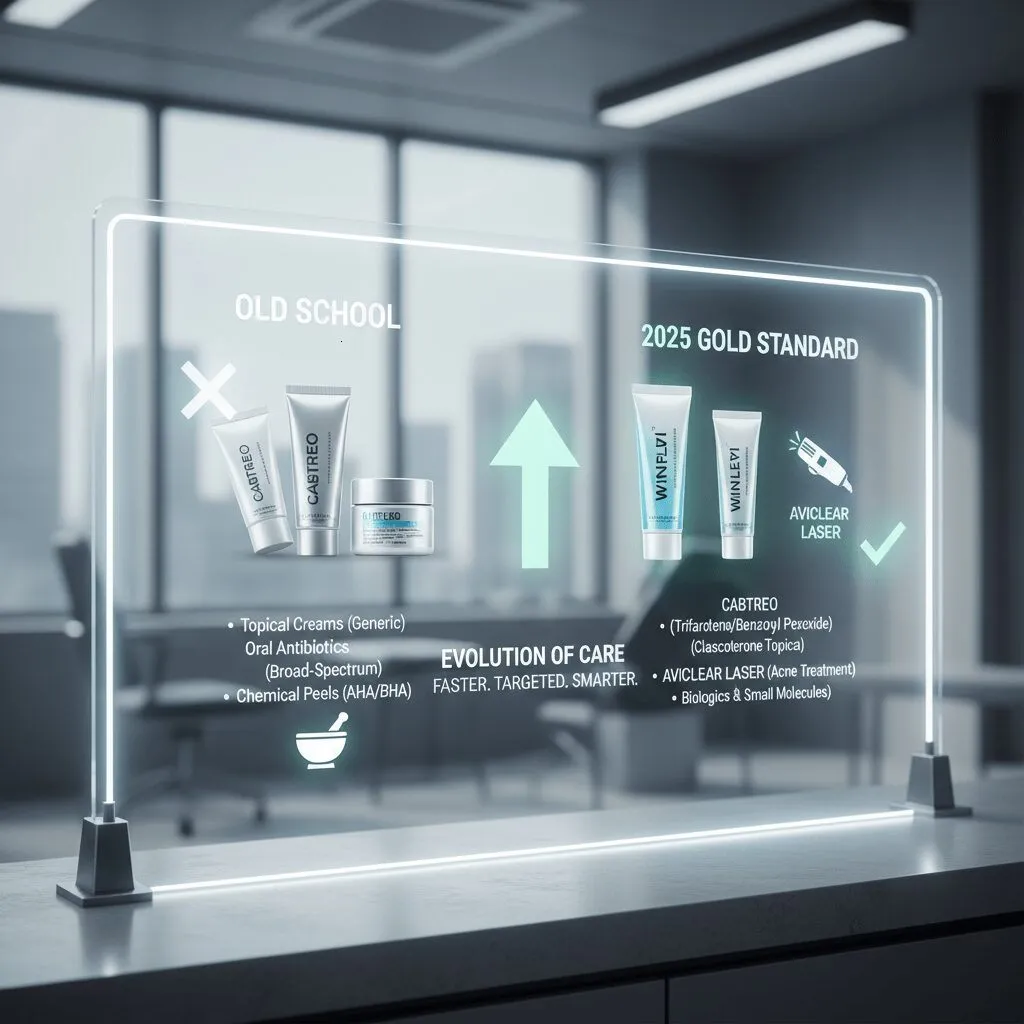 A modern, clean infographic comparing "Old School" treatments vs. "2025 Gold Standard" treatments. Left side: generic tubes. Right side: Cabtreo, Winlevi, and AviClear laser icon.