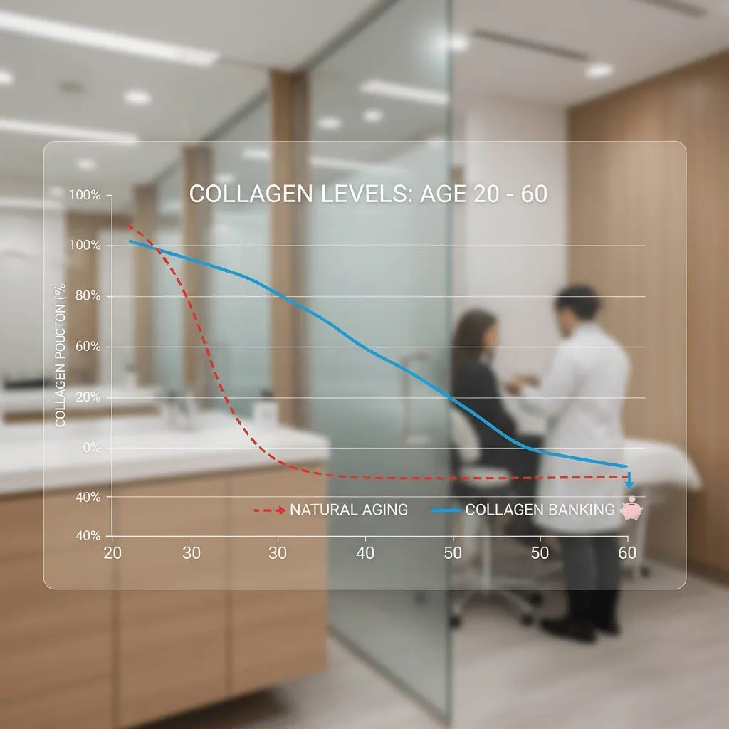 A timeline graphic showing collagen levels from age 20 to 60. One line shows a steep decline (natural aging), the other shows a gentle slope (collagen banking).