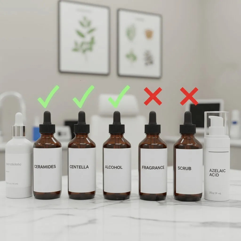 Visual checklist of skincare bottles. Green checkmarks over bottles labeled 'Ceramides', 'Centella', 'Azelaic Acid'. Red X marks over bottles labeled 'Alcohol', 'Fragrance', 'Scrub'.