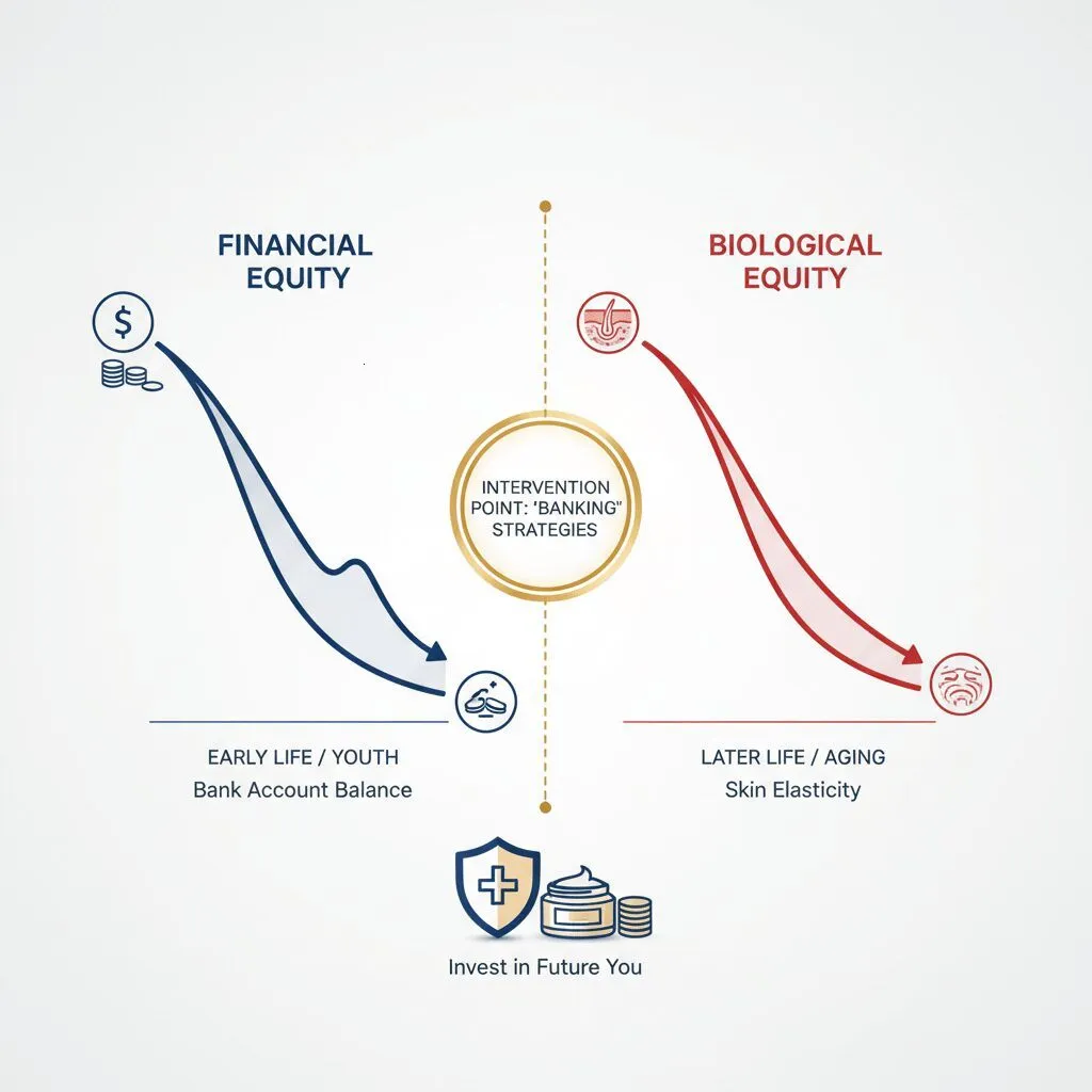 A conceptual illustration comparing a diminishing bank account graph with a declining skin elasticity curve, showing the 'banking' intervention point.