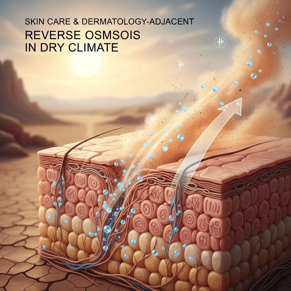 A conceptual illustration showing the process of reverse osmosis on skin in a dry climate, with water molecules being pulled out of the skin barrier into the dry air.